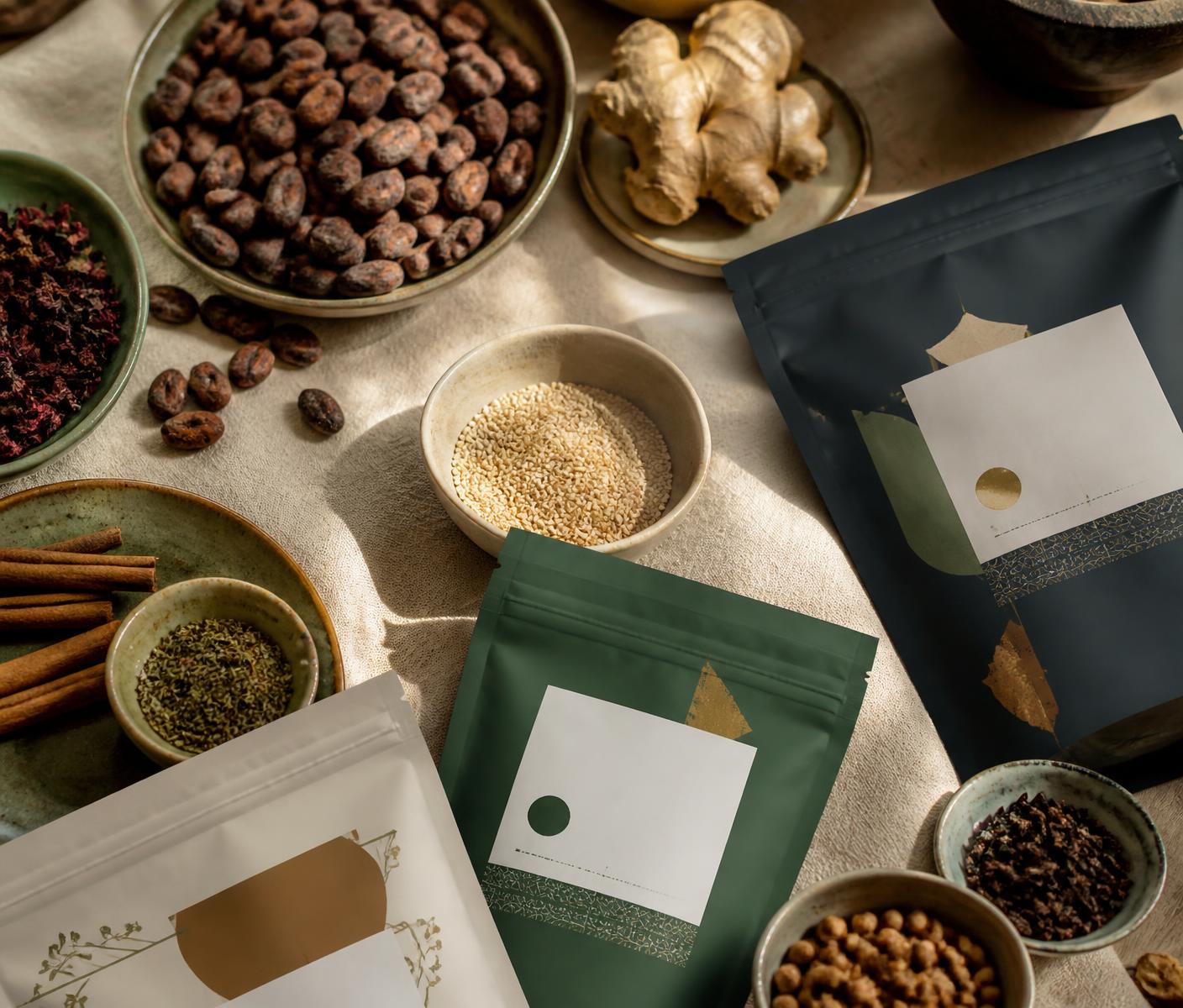 Premium African products: cocoa beans, hibiscus, sesame seeds, ginger and packaged spices