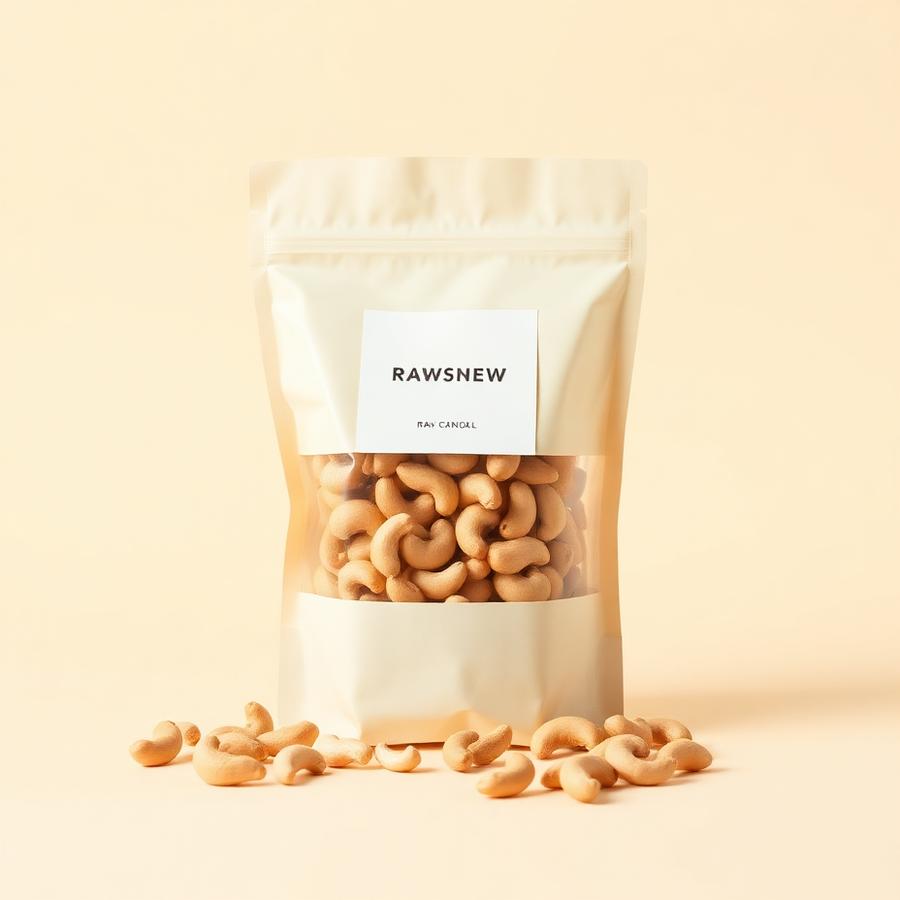 Cream pouch of raw whole cashew nuts