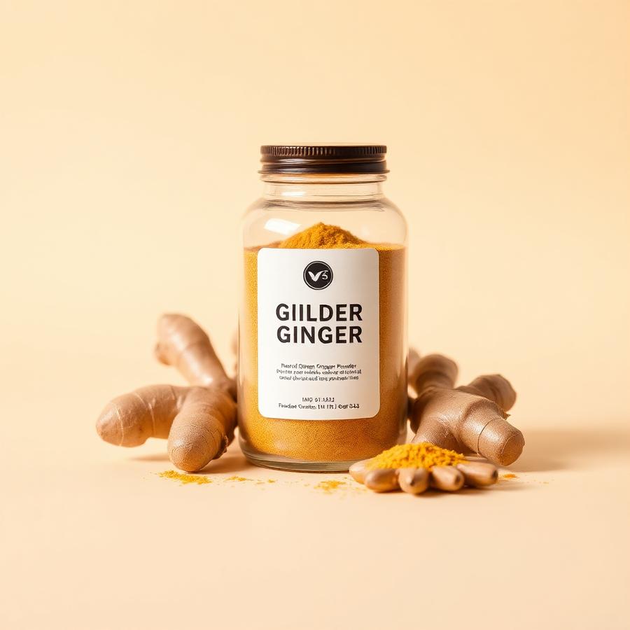 Glass jar of golden ginger powder with fresh ginger root