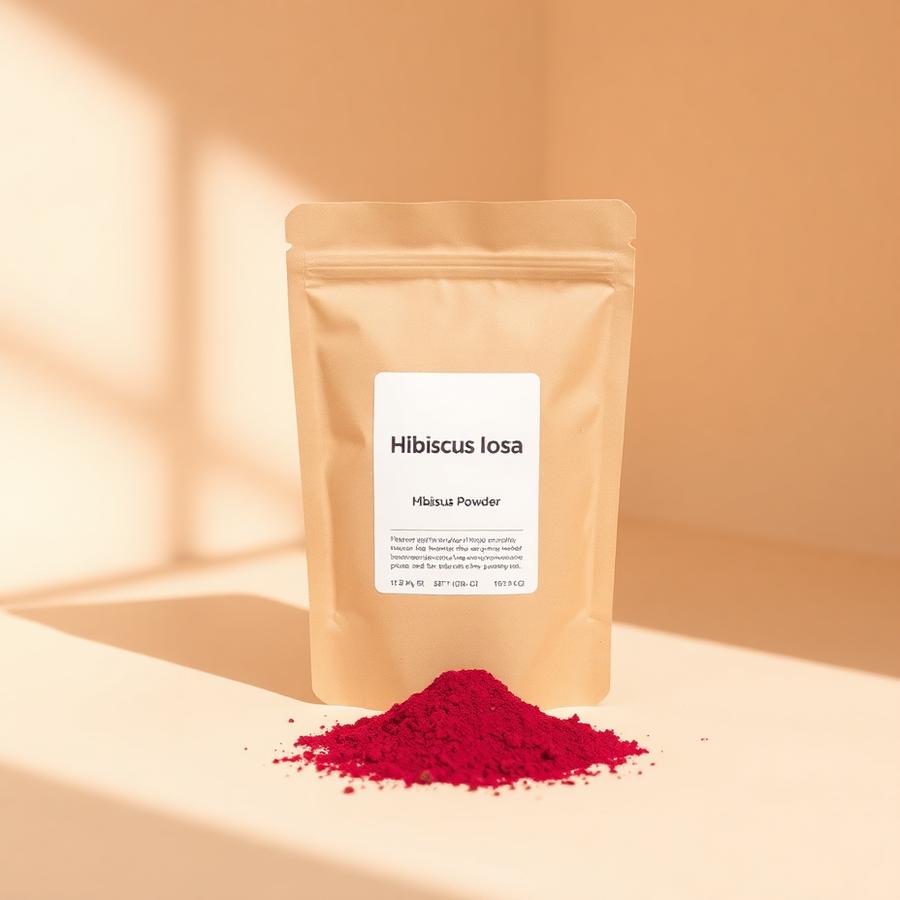 Kraft pouch of deep magenta hibiscus powder